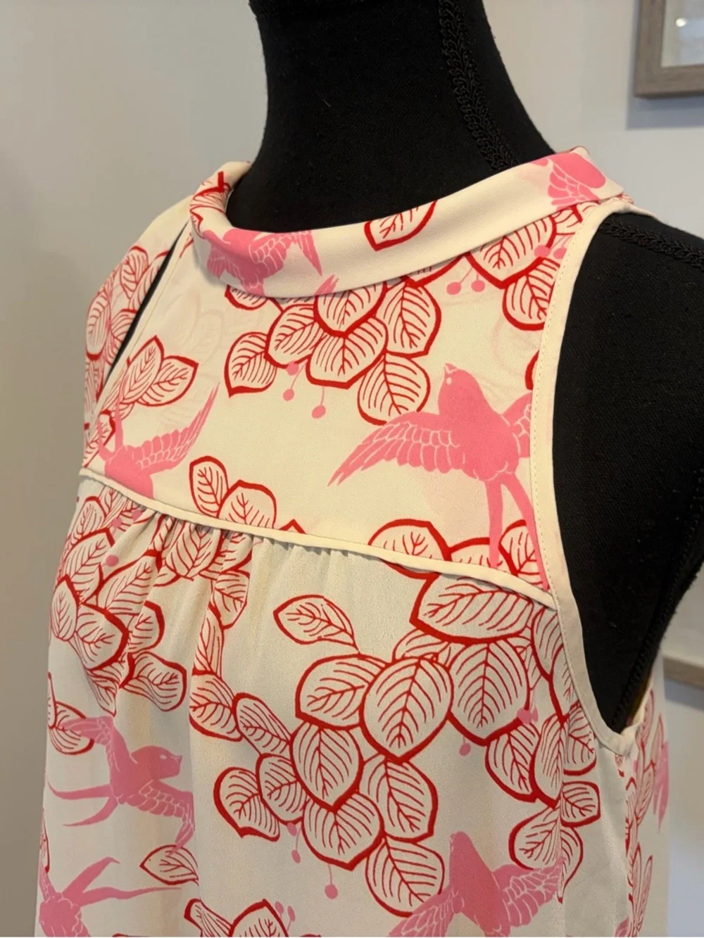 Anthropologie Maeve Cream/Red/Pink Bird & Leaf Print Bow Blouse EUC - Picture 7 of 16